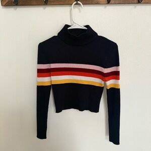 Timing Navy Cropped Turtleneck Sweater with Multicolor Stripes